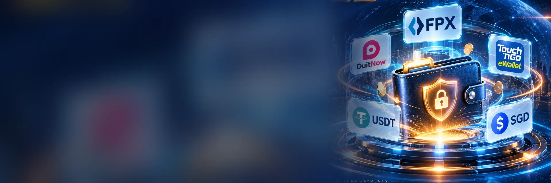 G9 支付横幅:钱包与 FPX、DuitNow、Touch 'n Go eWallet、USDT、SGD 支付选项